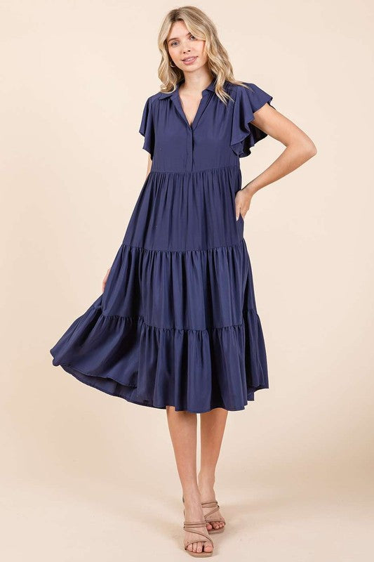 Robe midi à col en V, manches volantées et étages pour femme – Une robe midi vaporeuse, féminine et élégante avec des détails superposés pour toutes les occasions