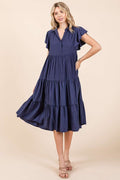 Robe midi à col en V, manches volantées et étages pour femme – Une robe midi vaporeuse, féminine et élégante avec des détails superposés pour toutes les occasions