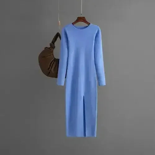 Robe d'automne et d'hiver à manches longues en tricot, dos nu et col rond