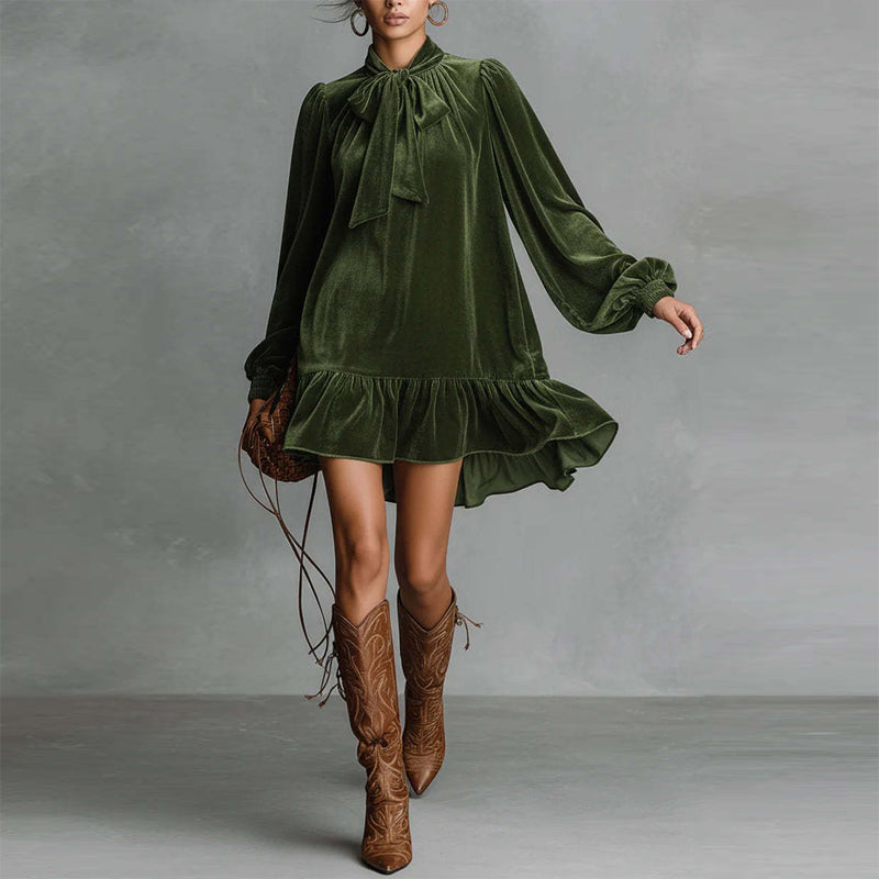 Robe courte femme à nœud papillon et manches bouffantes – élégante et asymétrique à volants