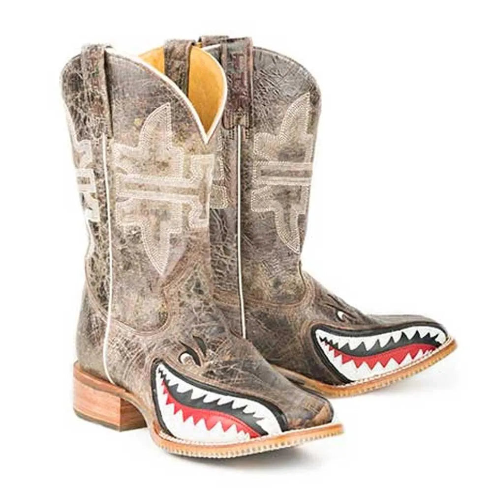 Bottes de Cowboy en Cuir Homme Tin Haul Toastin a Gnarly Shark / Beer Girl Sole (Marron Craquelé)