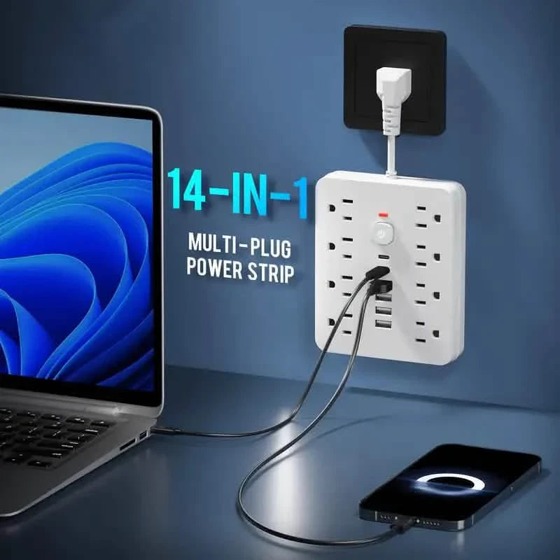 Multiprise 14-en-1 avec 4 ports USB, 2 ports USB-C et 8 prises CA