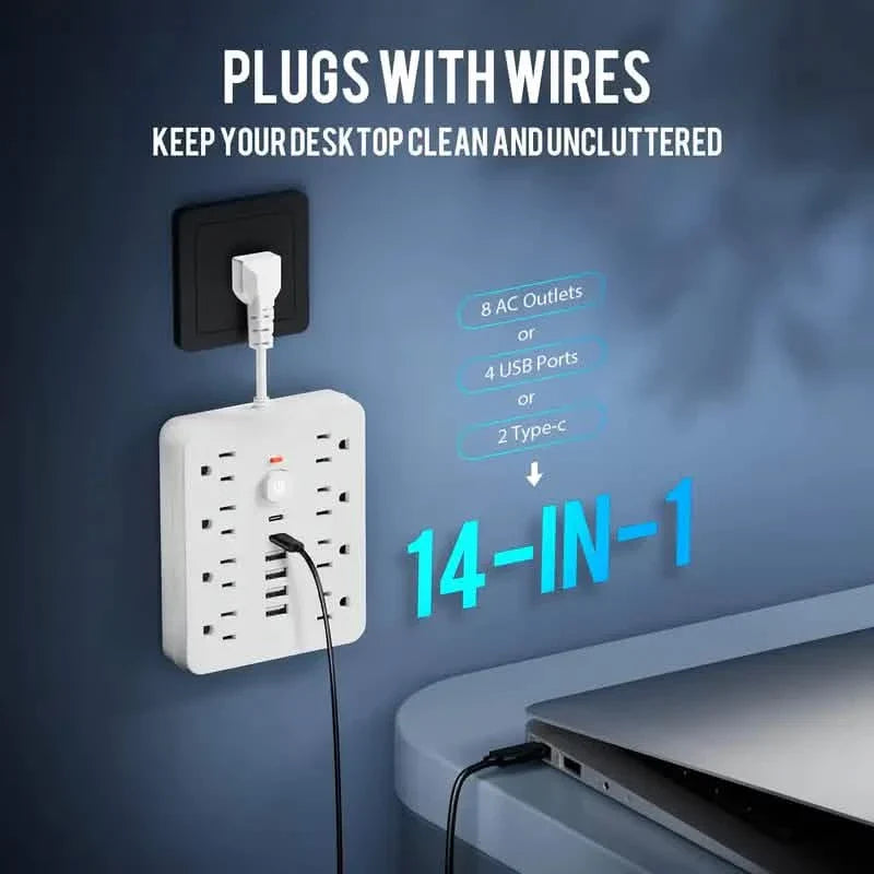Multiprise 14-en-1 avec 4 ports USB, 2 ports USB-C et 8 prises CA