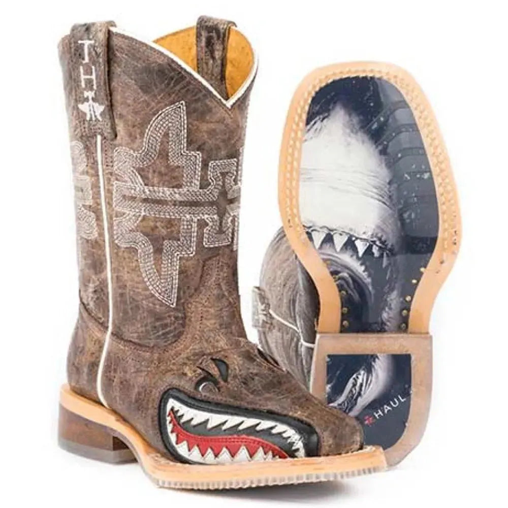 Bottes de cowboy en cuir Tin Haul Sharky / Man Eater Sole (Tan) - Petits/Grands Enfants