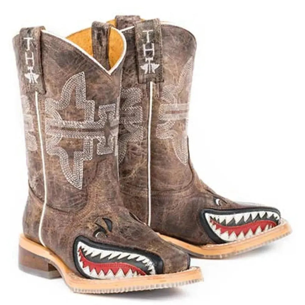 Bottes de cowboy en cuir Tin Haul Sharky / Man Eater Sole (Tan) - Petits/Grands Enfants