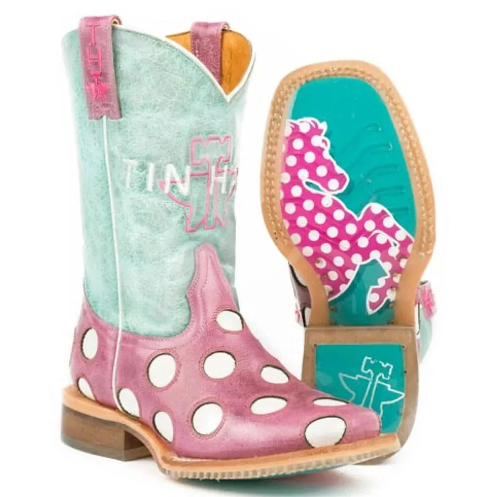 Bottes de Cow-girl en Cuir Tin Haul Little Miss Dotty / Semelle Cheval à Pois (Rose) - Petits Enfants/Grands Enfants