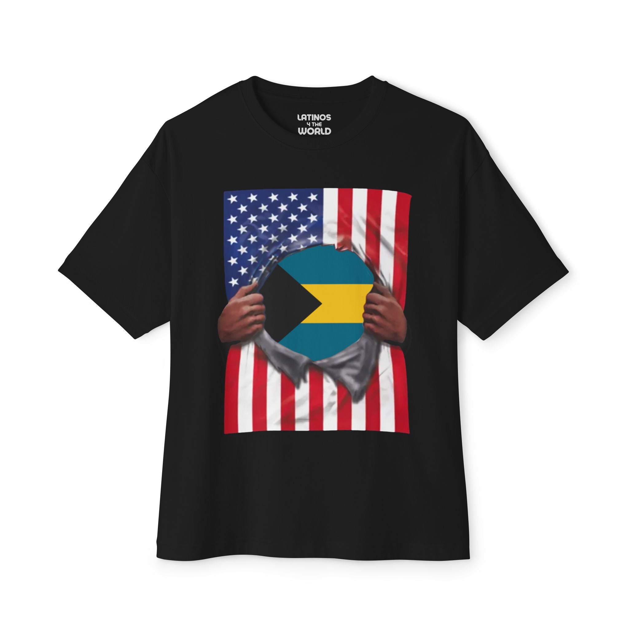 T-shirt Bahamas + drapeau des États-Unis | Drapeaux bahaméen et américain déchirés pour le 4 juillet | T-shirts humoristiques latinos | 4 couleurs