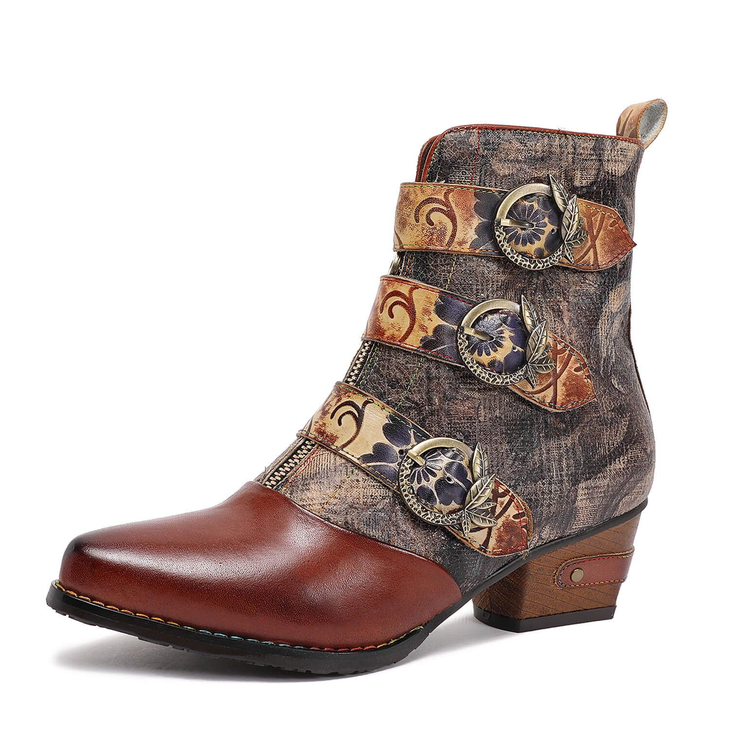 Bottes en cuir à boucle gaufrée, style rétro fait main, vintage