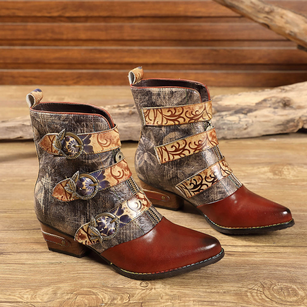 Bottes en cuir à boucle gaufrée, style rétro fait main, vintage