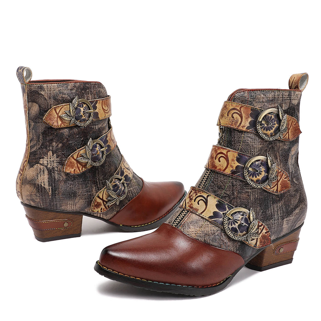 Bottes en cuir à boucle gaufrée, style rétro fait main, vintage