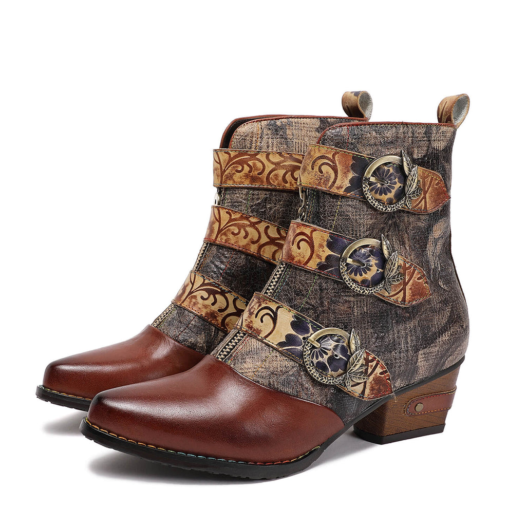 Bottes en cuir à boucle gaufrée, style rétro fait main, vintage