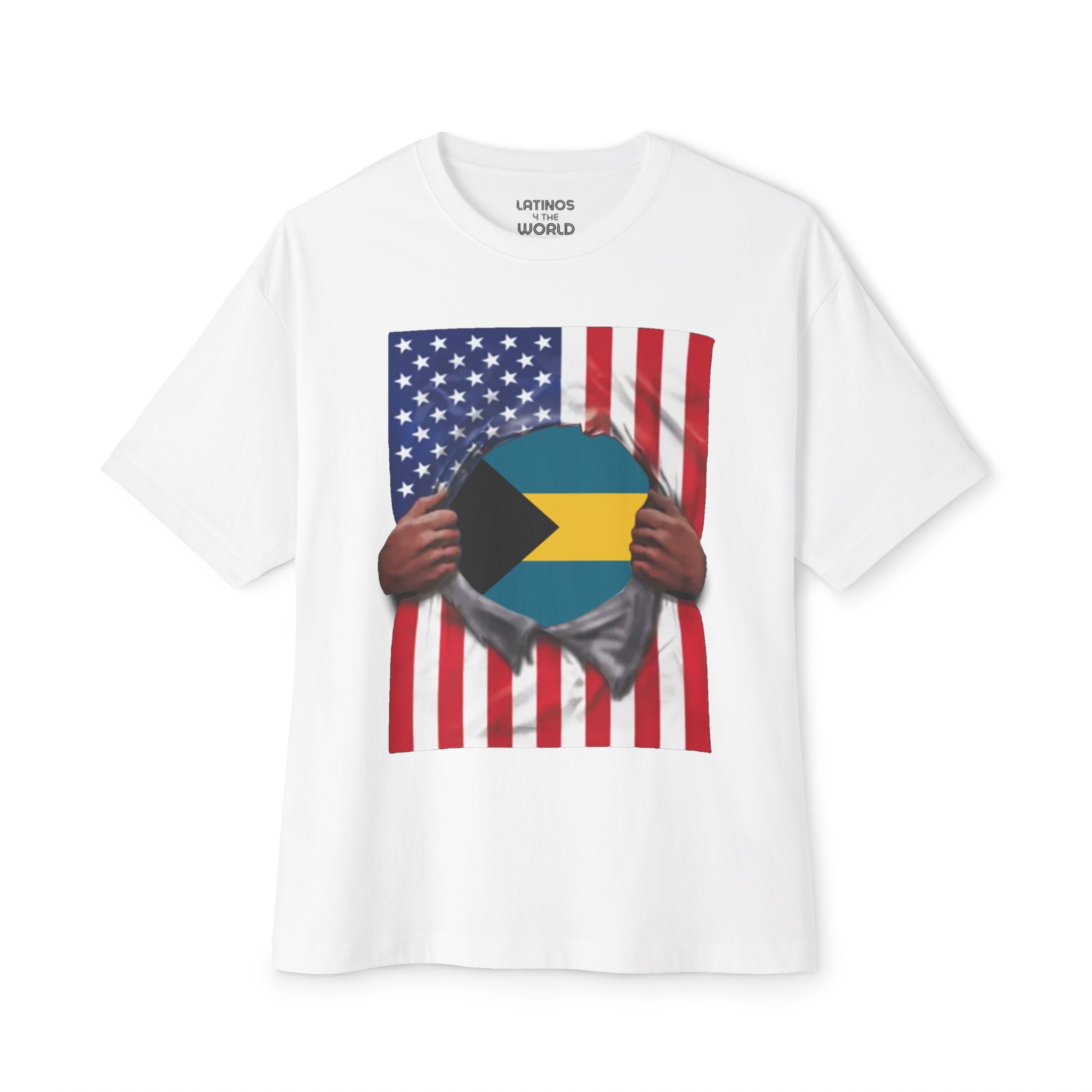 T-shirt Bahamas + drapeau des États-Unis | Drapeaux bahaméen et américain déchirés pour le 4 juillet | T-shirts humoristiques latinos | 4 couleurs