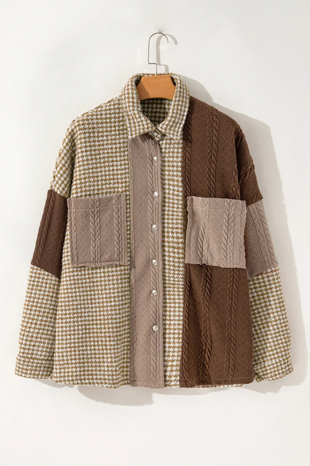 Veste Chemise Patchwork Pied-de-poule Kaki | Veste Texturée Ajustée - Femstylo