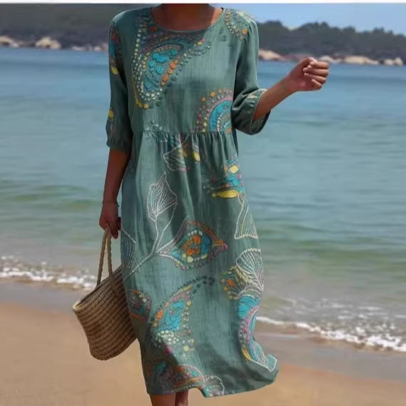 Robe trapèze à manches longues et imprimé floral 3D pour femme – Col rond coupe ample
