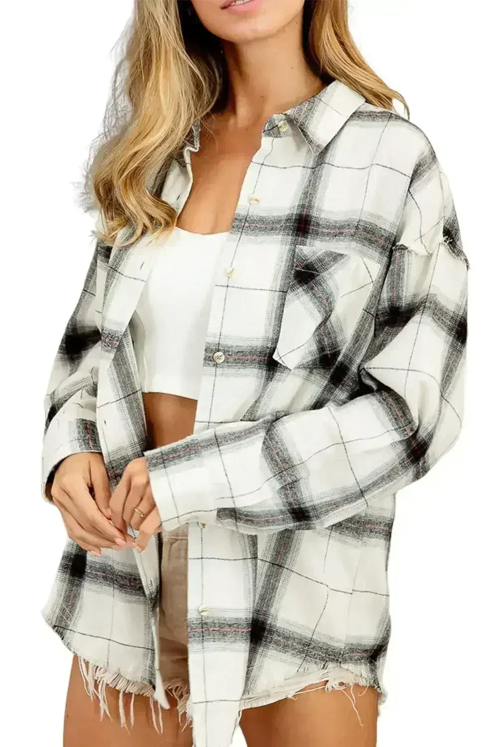 Veste boutonnée à carreaux blancs avec ourlet brut et poches