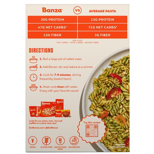 Banza Pâtes Rotini aux Pois Chiches - Sans Gluten, Riches en Protéines et Moins Glucidiques, Pâtes Rotini Protéinées aux Pois Chiches - 227 g