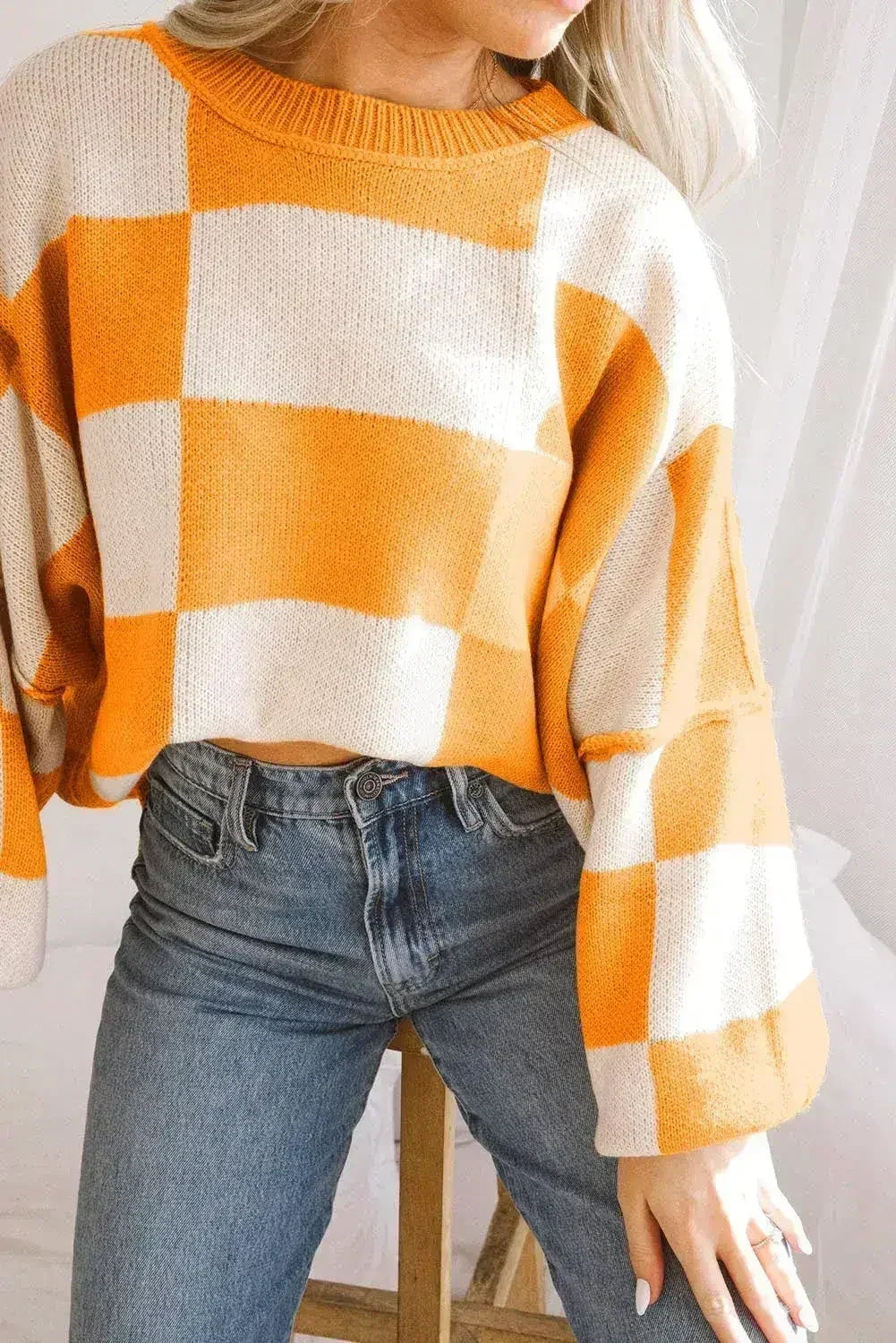 Pull orange à carreaux avec manches évêque - Femstylo