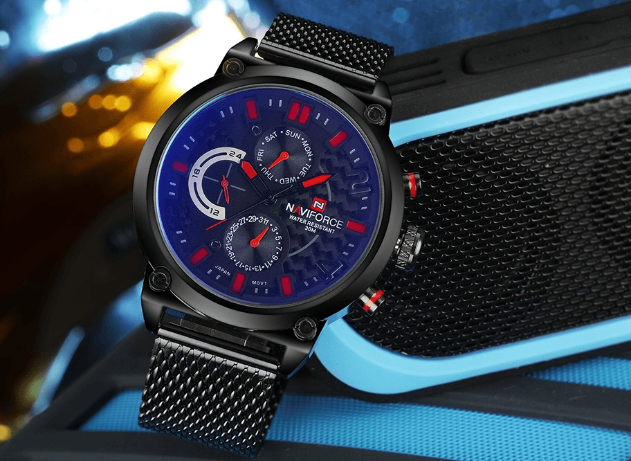 Montres à Quartz Analogiques Multifonctions pour Hommes, Étanche avec Bracelet en Maille d'Acier Inoxydable, Excellent Design, Cadeau Parfait