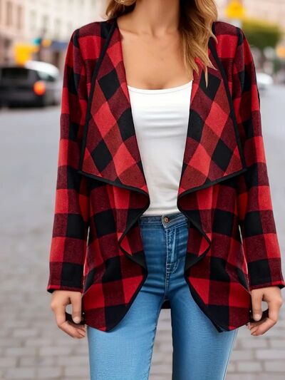 Veste élégante à carreaux ouverte sur le devant à manches longues, stylée et confortable, légère et respirante