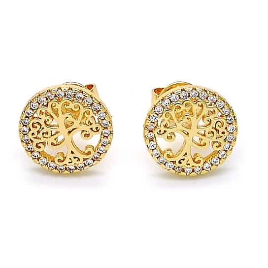 Boucles d'oreilles clous Arbre de vie en plaqué or 14 carats, finition polie, avec cristaux