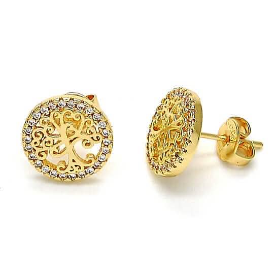 Boucles d'oreilles clous Arbre de vie en plaqué or 14 carats, finition polie, avec cristaux