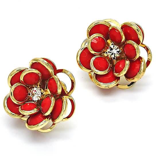 Boucles d'oreilles clous en cristal Rubis Hibiscus en or laminé 14k, finition ultra polie