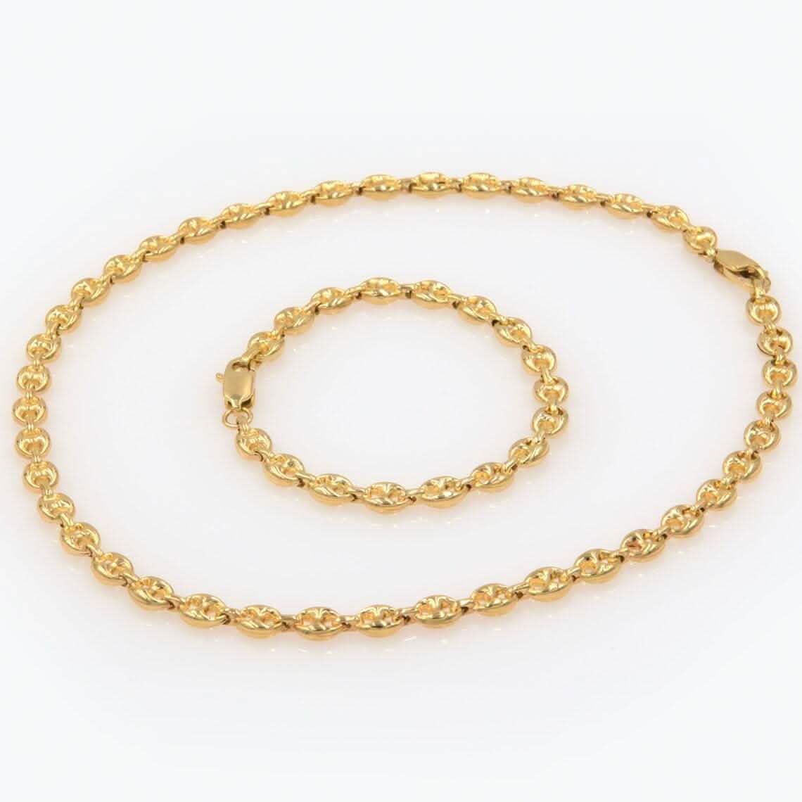 Collier et bracelet à maillons mariner bouffants en or jaune massif 14 carats de 3 mm avec fermoir mousqueton