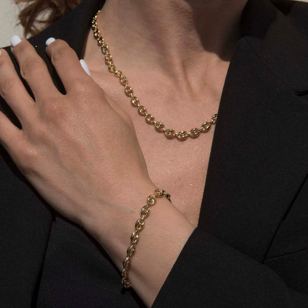 Collier et bracelet à maillons mariner bouffants en or jaune massif 14 carats de 3 mm avec fermoir mousqueton