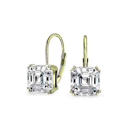 Boucles d'oreilles dormeuses en argent sterling et ton or, topaze blanche et oxyde de zirconium taille Asscher, 1,5 carat