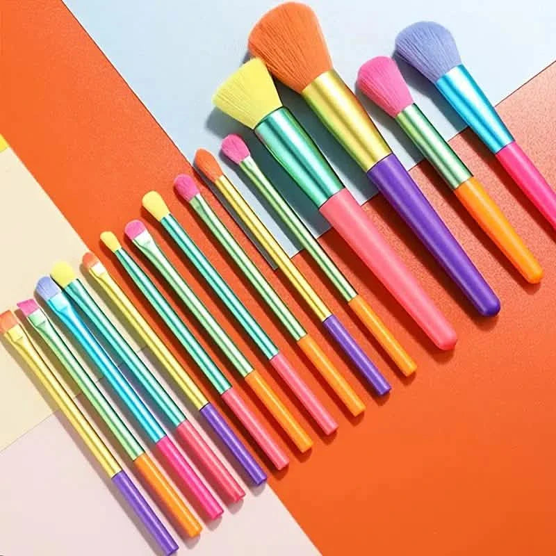 15 pièces : Ensemble de pinceaux de maquillage de haute qualité aux couleurs arc-en-ciel