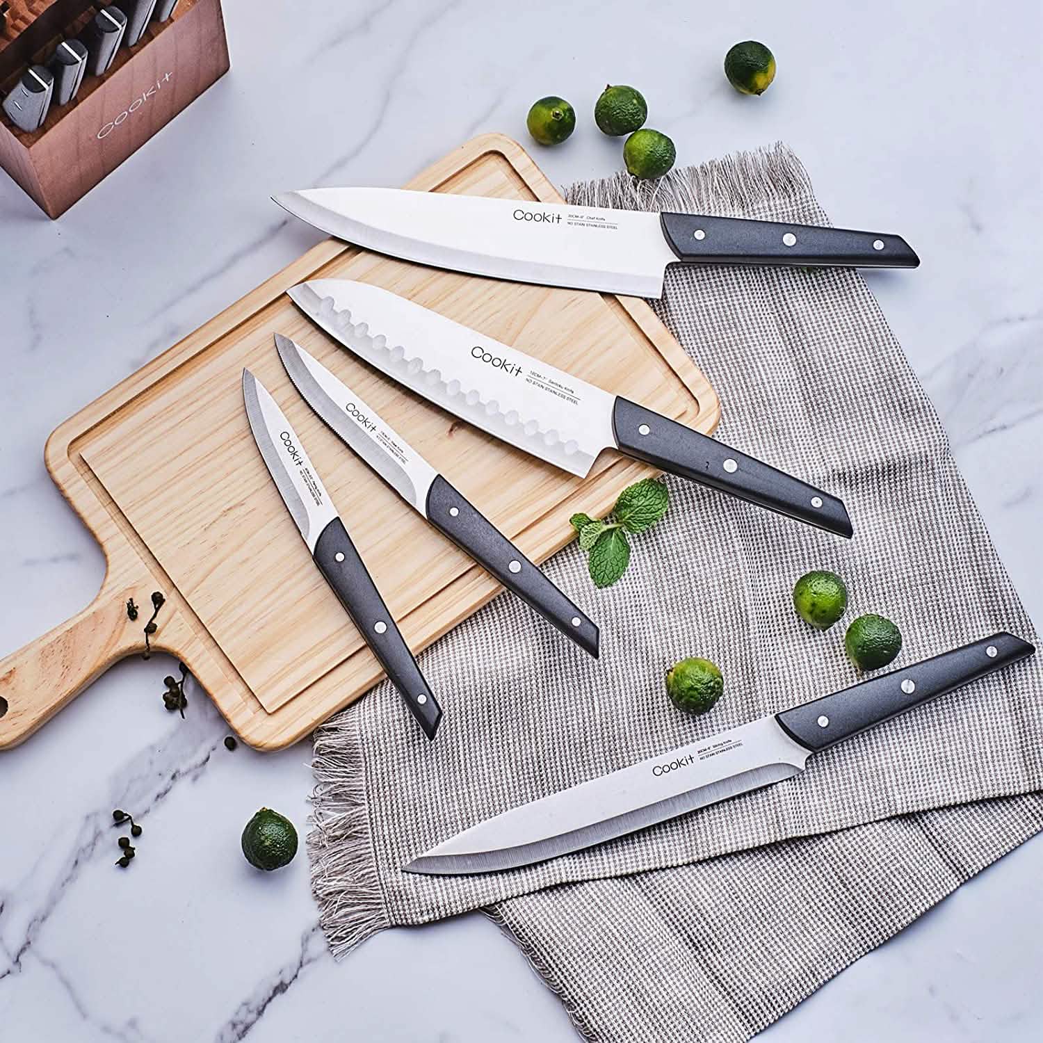 Ensemble de 15 pièces : Bloc de couteaux en acier inoxydable et couteaux à steak dentelés Cookit Germany
