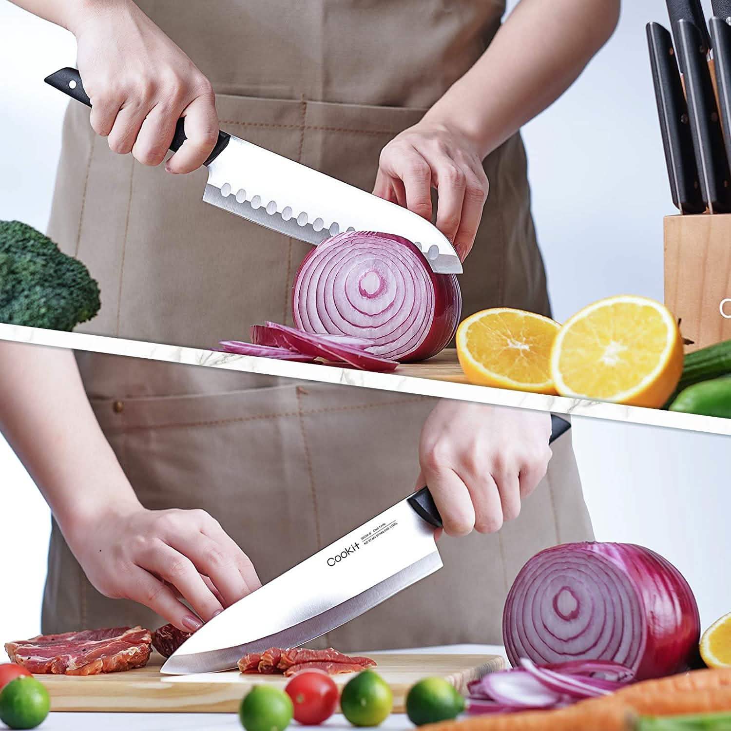 Ensemble de 15 pièces : Bloc de couteaux en acier inoxydable et couteaux à steak dentelés Cookit Germany