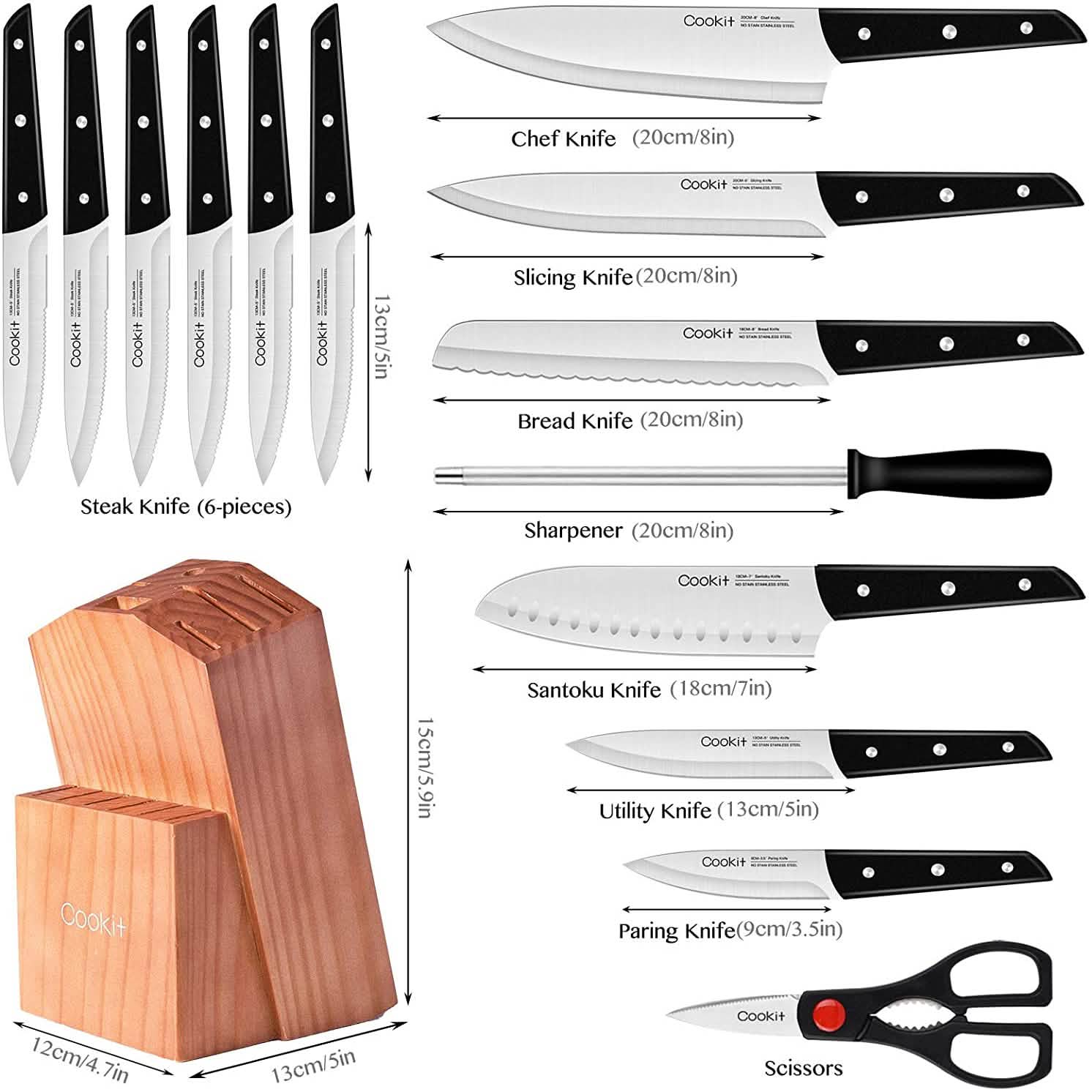 Ensemble de 15 pièces : Bloc de couteaux en acier inoxydable et couteaux à steak dentelés Cookit Germany
