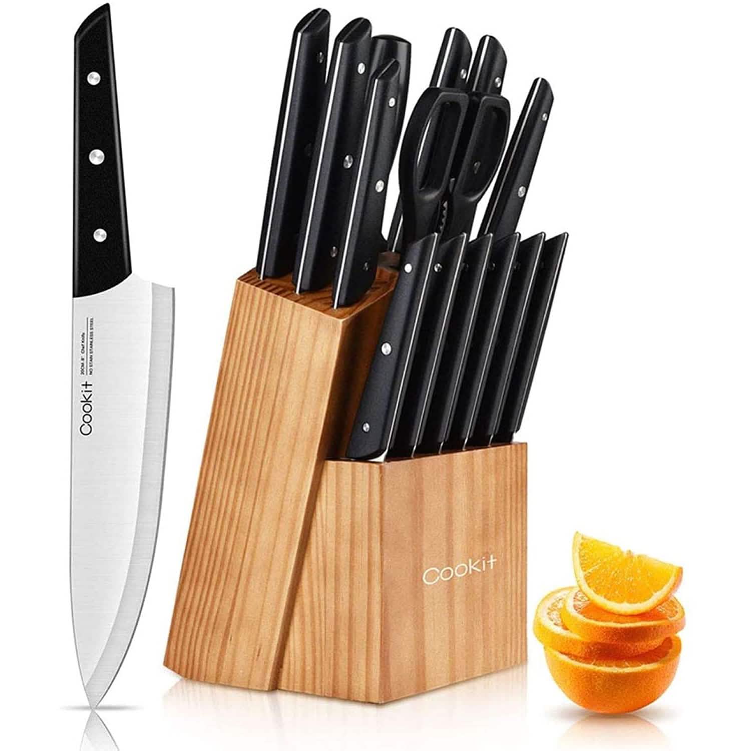 Ensemble de 15 pièces : Bloc de couteaux en acier inoxydable et couteaux à steak dentelés Cookit Germany