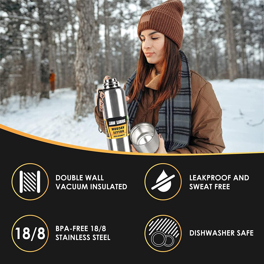 Bouteille d'eau de 1500 ml en acier inoxydable, gourde isotherme, grande capacité, tasse thermique pour le sport et le cyclisme, bouteille sous vide isotherme à large ouverture, sans BPA.