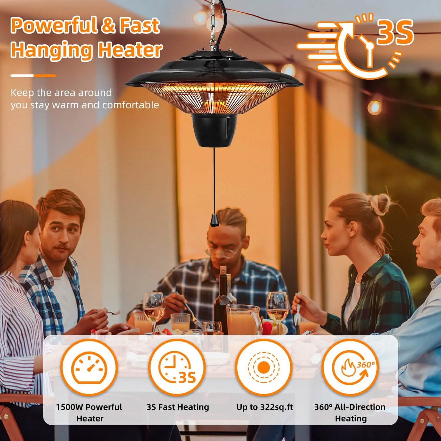 Lampe chauffante électrique murale d'extérieur ultra-silencieuse de 1500 W pour patio