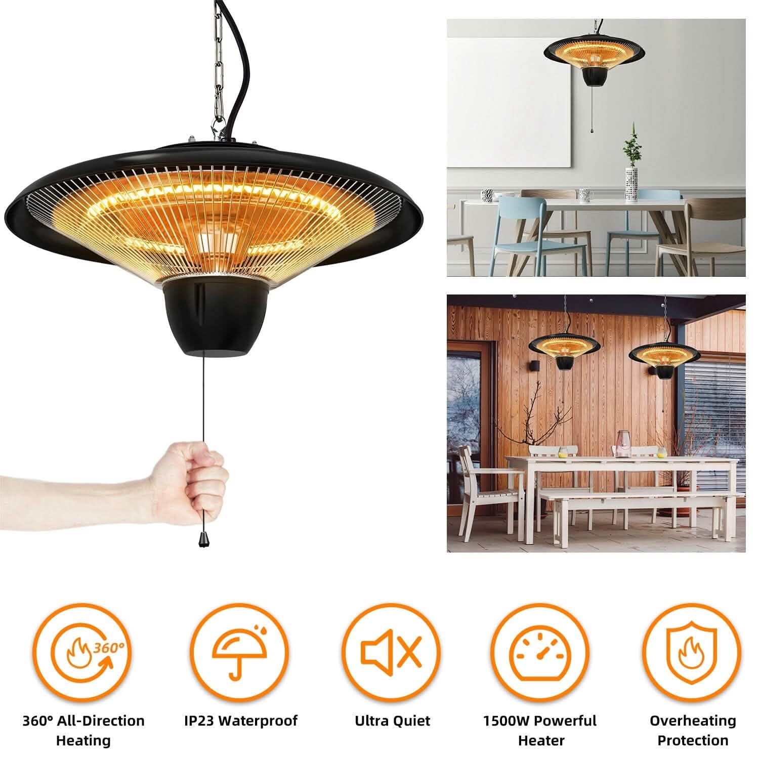 Lampe chauffante électrique murale d'extérieur ultra-silencieuse de 1500 W pour patio
