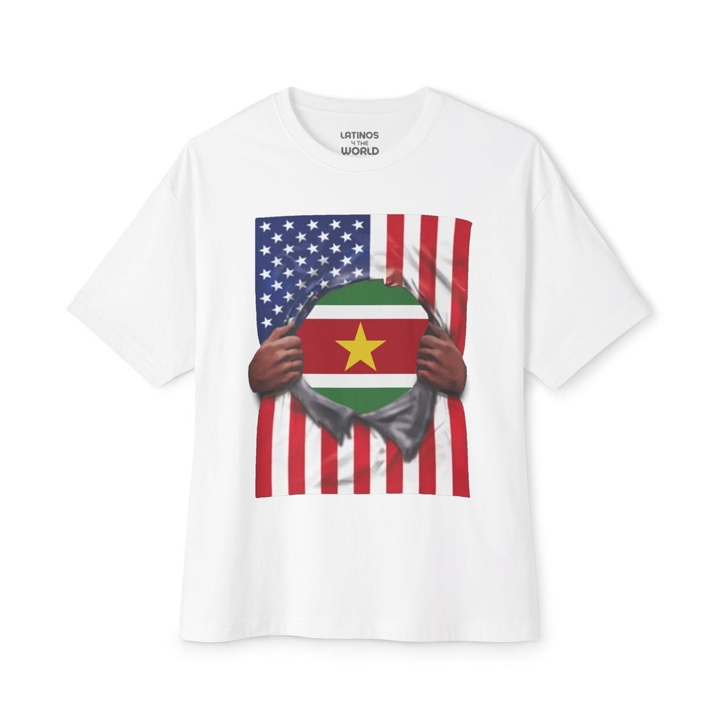 T-shirt Drapeau du Suriname + Drapeau des États-Unis | Drapeaux surinamien et américain | Fête de l'Indépendance | T-shirts humoristiques et viraux pour latinos | Unisexe - 4 couleurs