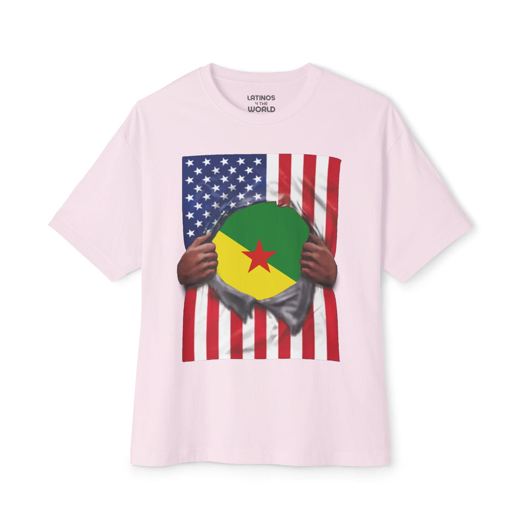 T-shirt Drapeau Guyane Française + USA | Drapeau Guyanais + Américain déchiré 4 Juillet | T-shirts Latins Drôles | 4 Couleurs