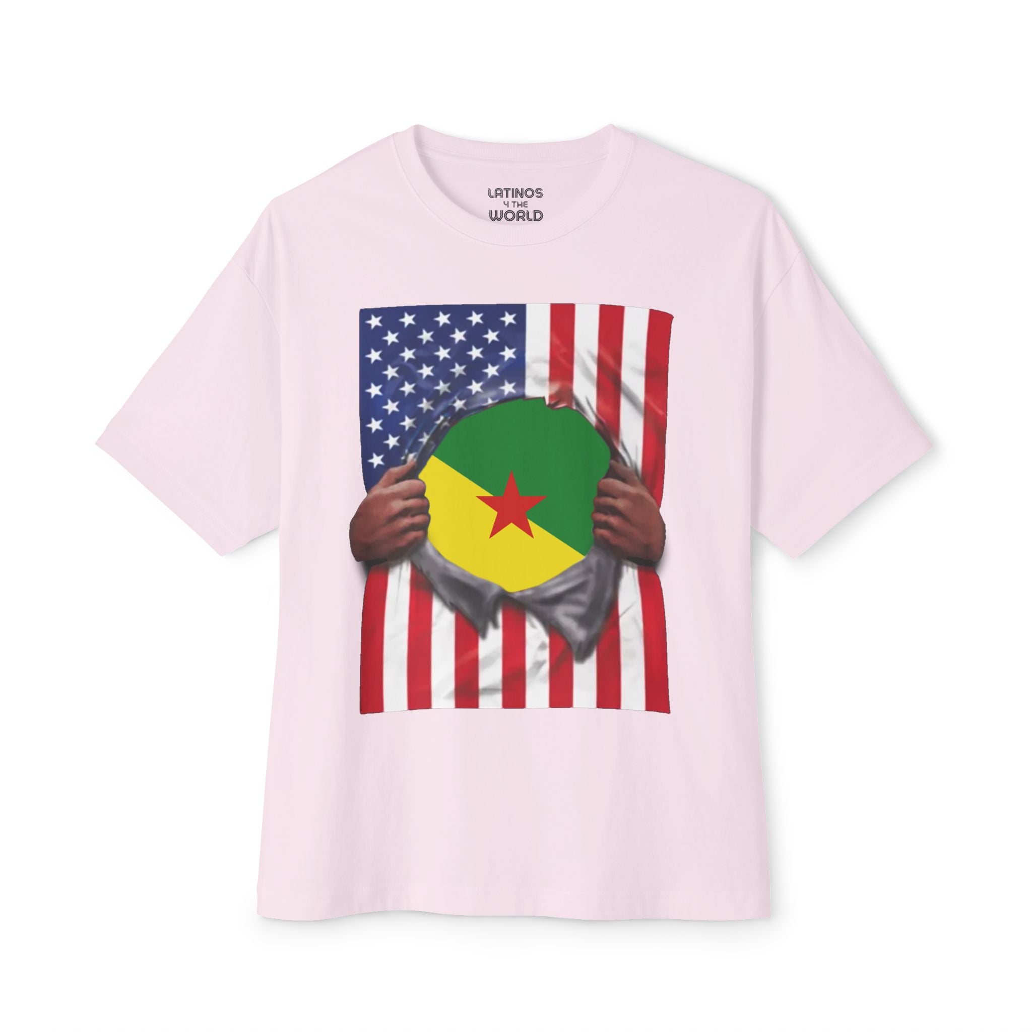 T-shirt Drapeau Guyane Française + USA | Drapeau Guyanais + Américain déchiré 4 Juillet | T-shirts Latins Drôles | 4 Couleurs