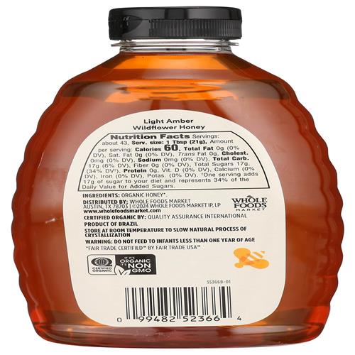 Miel de fleurs sauvages ambré clair biologique, 907 g, Whole Foods Market