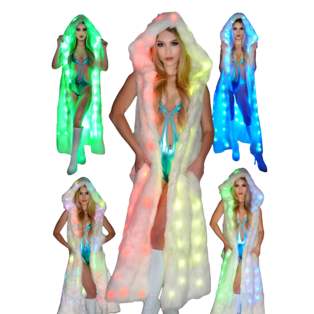 Manteau long en fausse fourrure lumineuse à LED