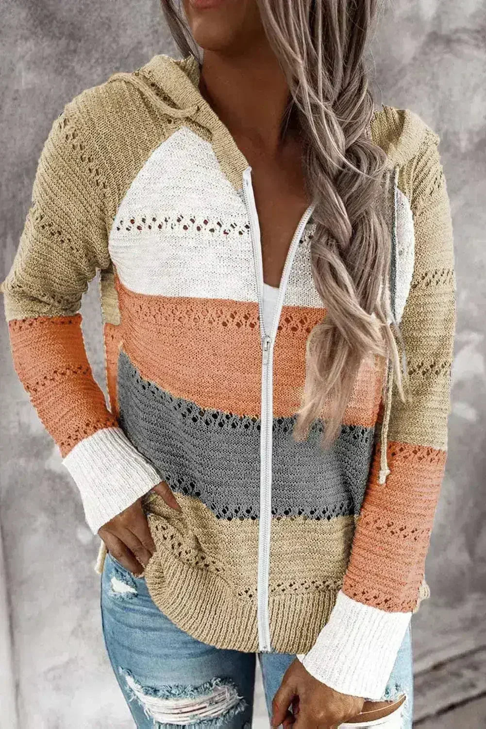 Sweat à capuche en maille ajourée color block zippé multicolore pour femme