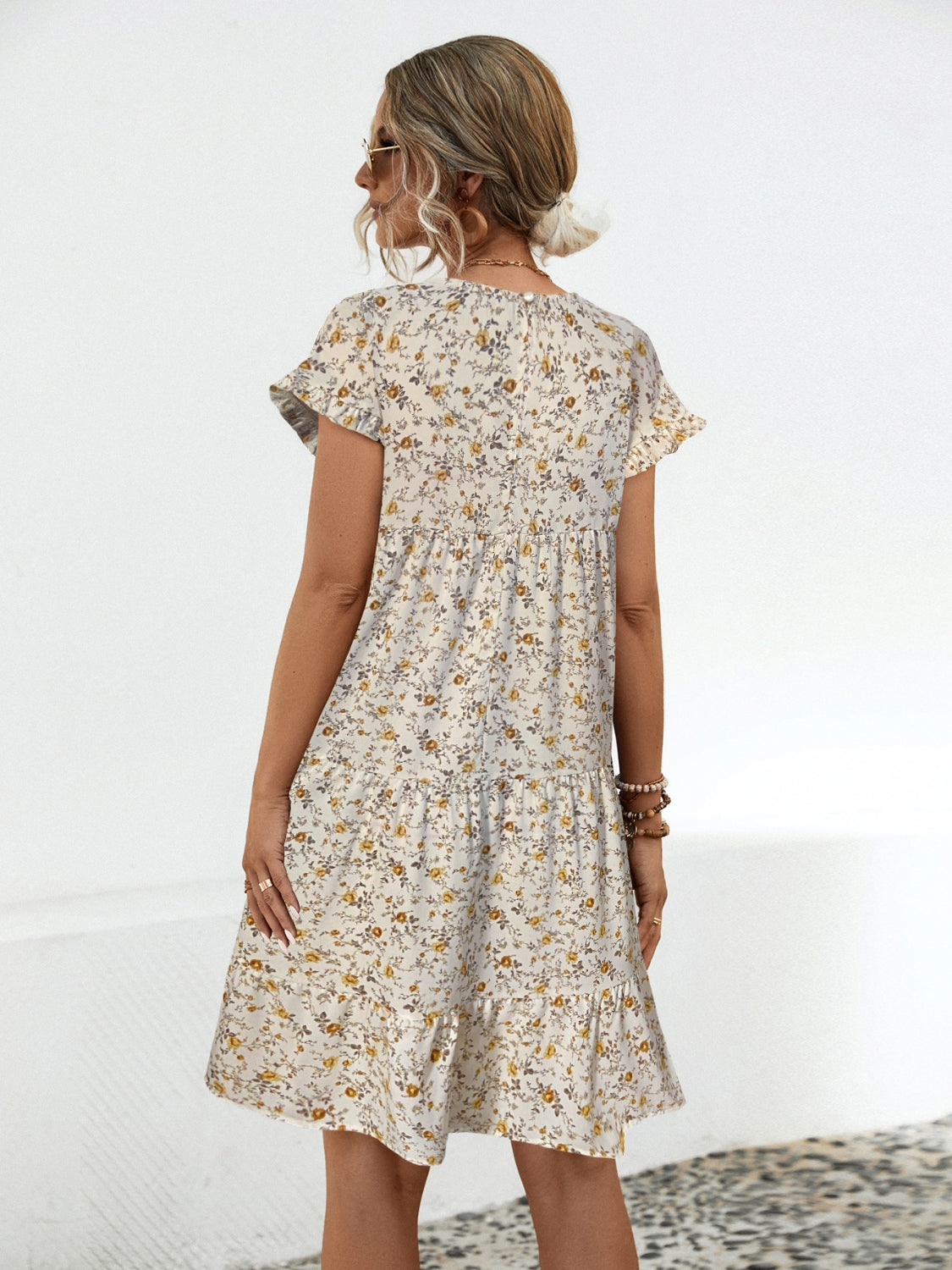Robe Fleurie Col Rond Manches Courtes Élégante et Décontractée pour Tous les Jours Robe Femme