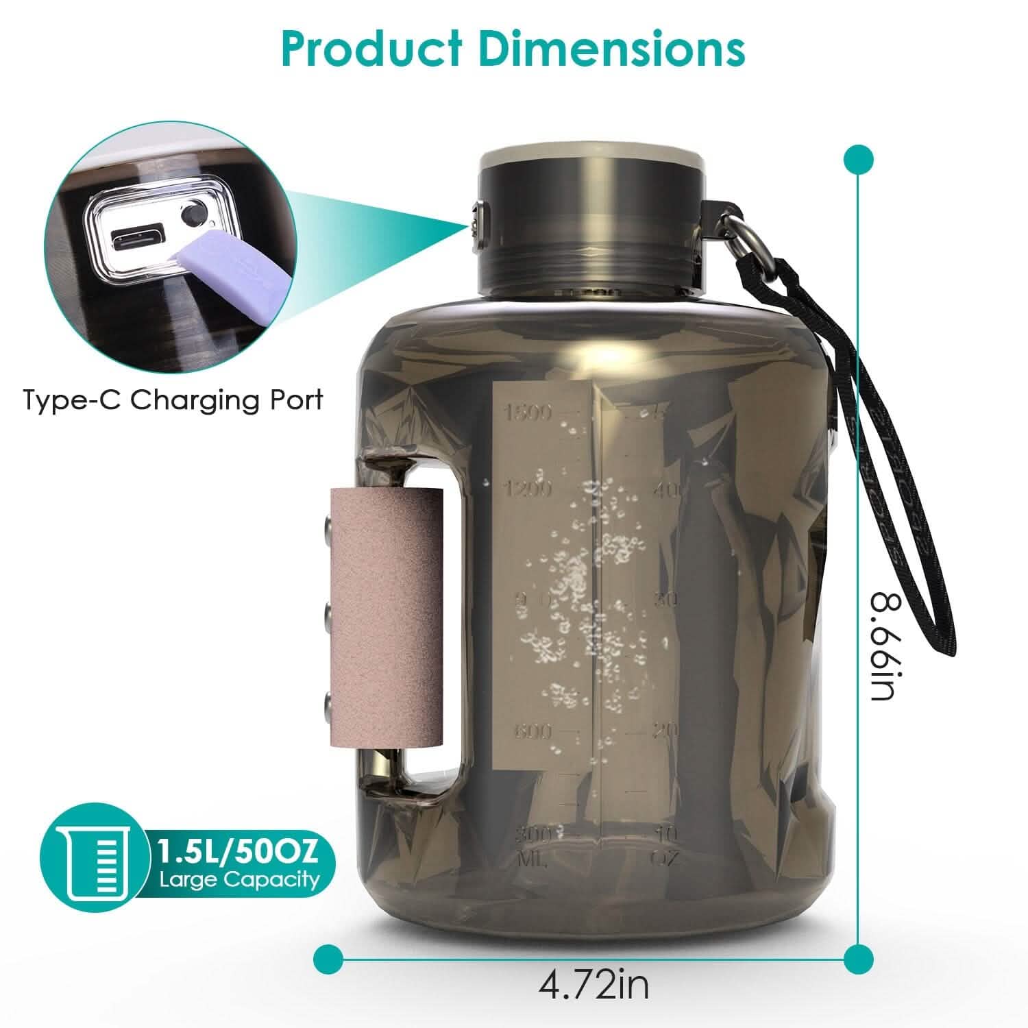 Bouteille d'eau à hydrogène portable rechargeable grande capacité 1,5 L – Électrolyse rapide en 6 minutes