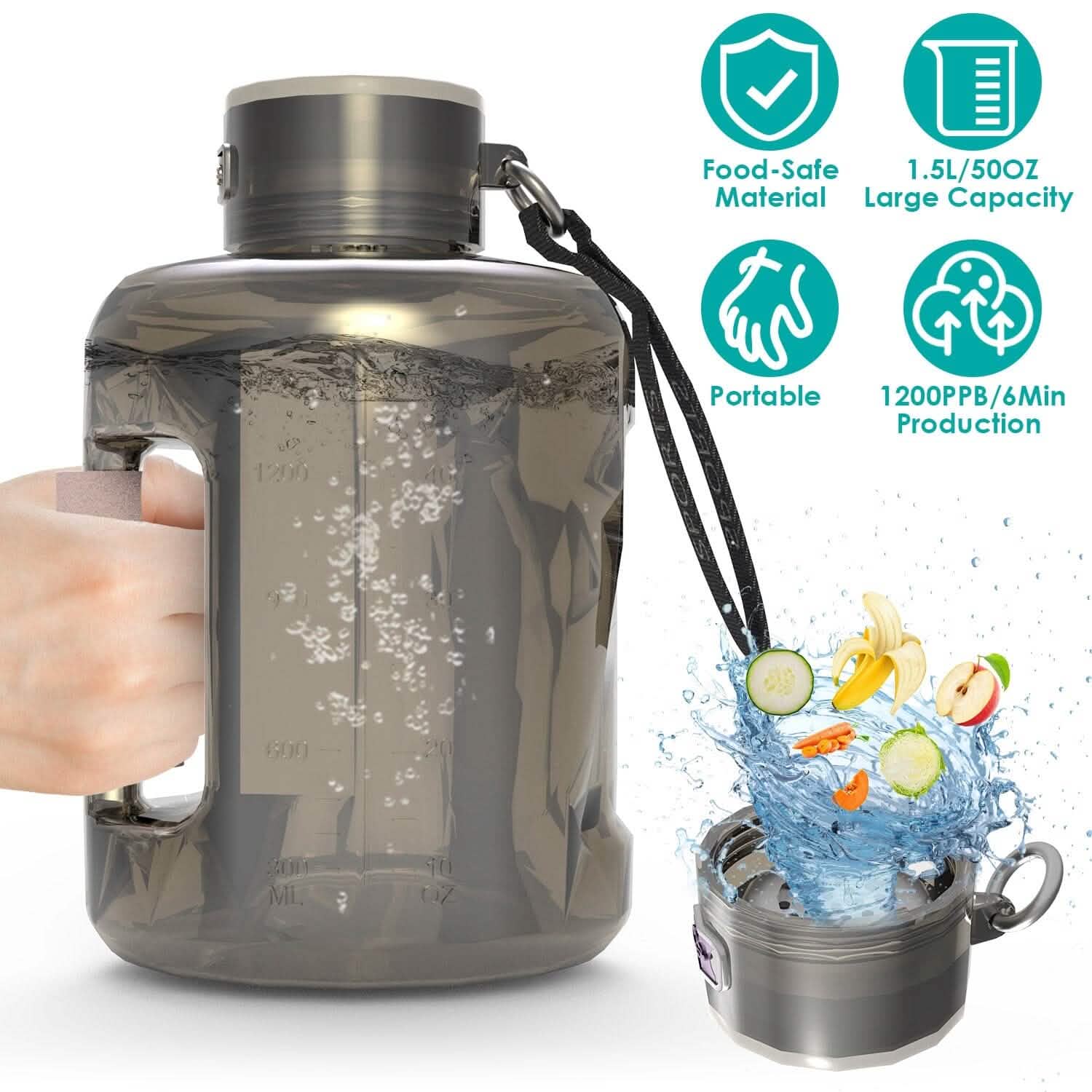 Bouteille d'eau à hydrogène portable rechargeable grande capacité 1,5 L – Électrolyse rapide en 6 minutes