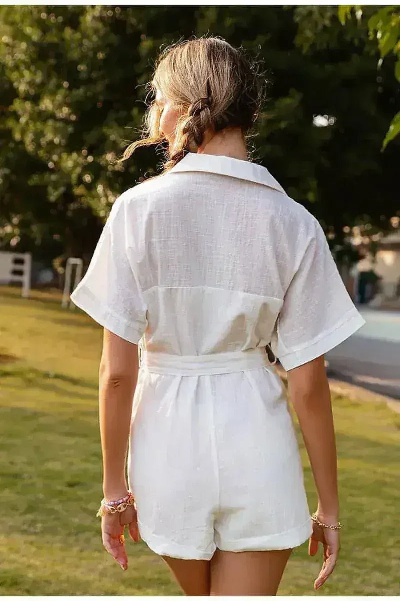 Combinaison décontractée à manches courtes et col à revers pour femme de couleur unie