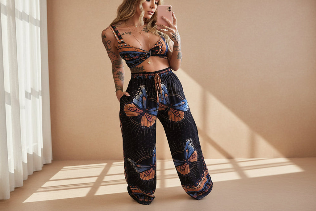 Ensemble haut court et pantalon imprimé plumes pour femme – Tenue de vacances 2 pièces