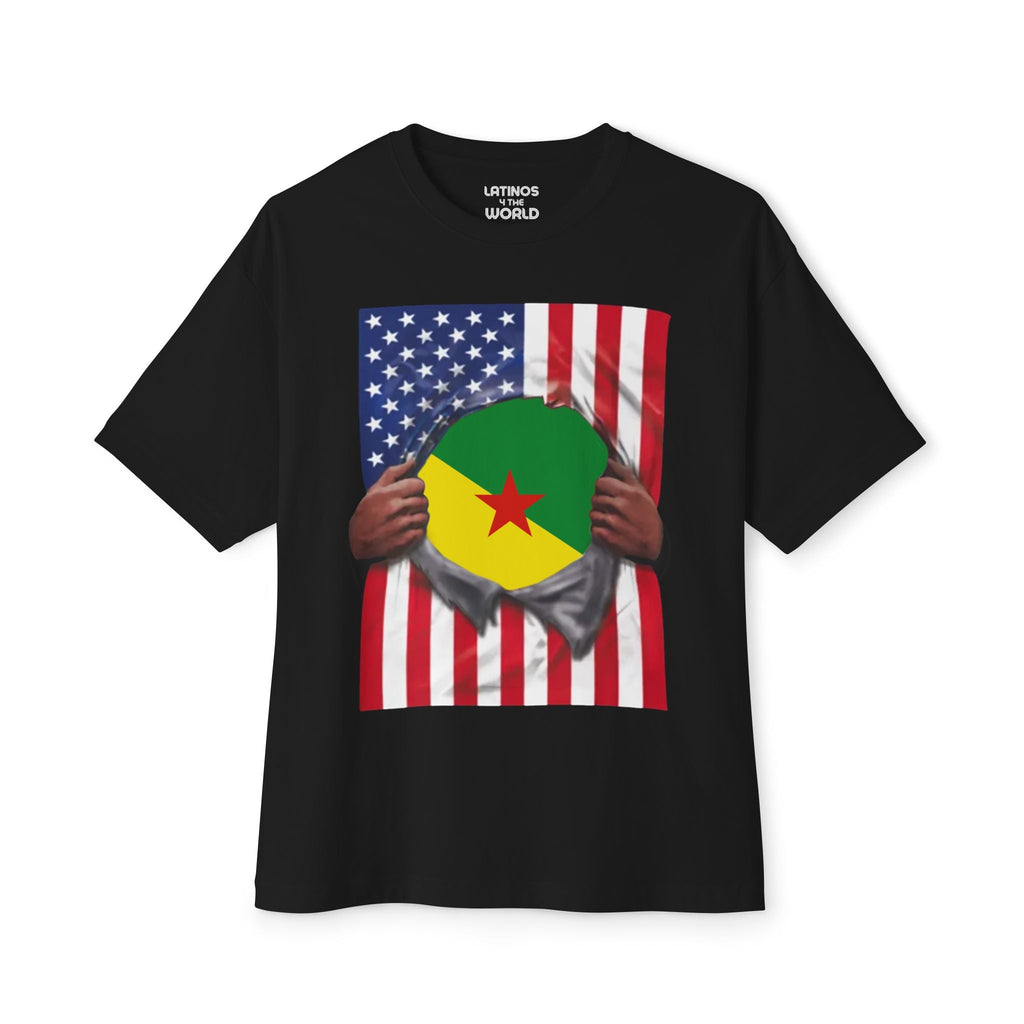 T-shirt Drapeau Guyane Française + USA | Drapeau Guyanais + Américain déchiré 4 Juillet | T-shirts Latins Drôles | 4 Couleurs