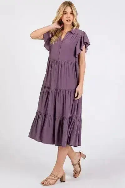 Robe midi à col et volants, coupe trapèze et décolleté en V – femstylo
